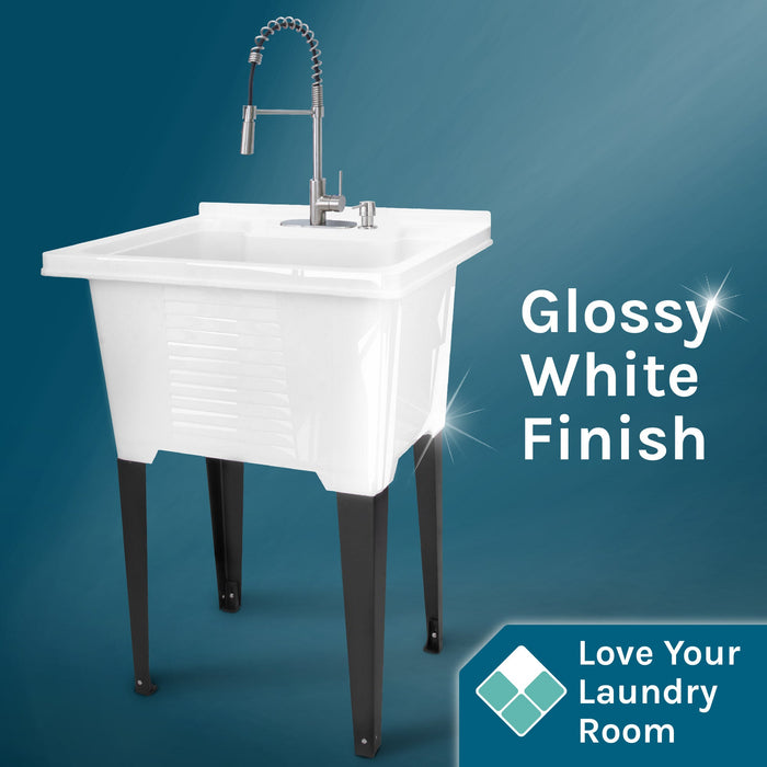 Tehila Luxe Freestanding White Utility Sink with Stainless Steel Finish High-Arc Coil Pull-Down Faucet - Detail View