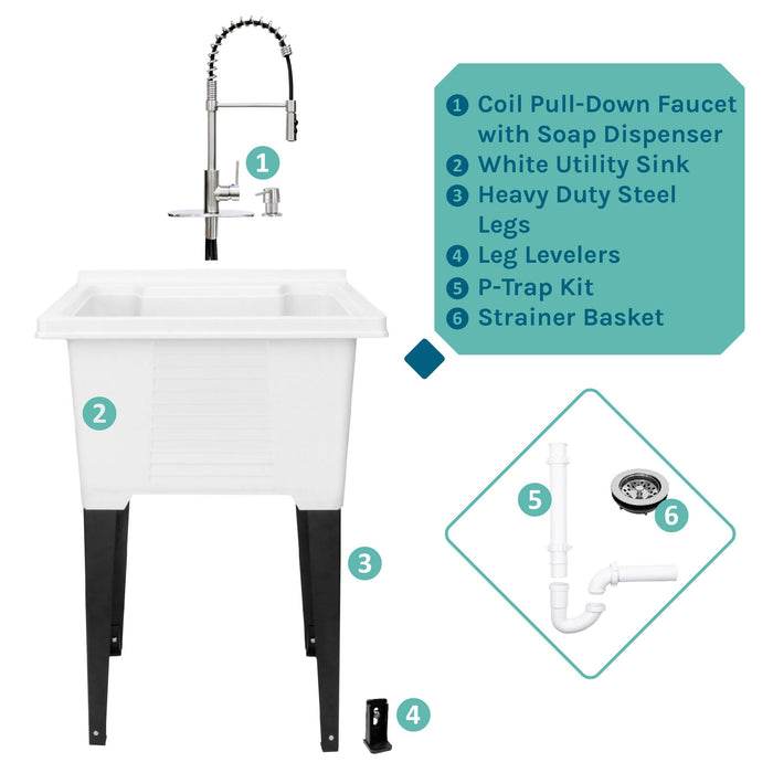 Tehila Luxe Freestanding White Utility Sink with Stainless Steel Finish High-Arc Coil Pull-Down Faucet - View 9