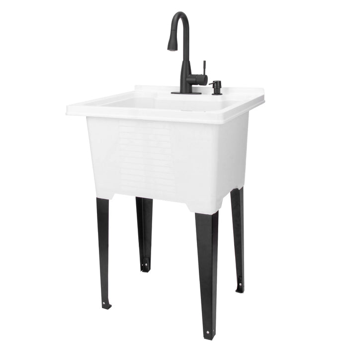 Tehila Luxe Freestanding White Utility Sink with Black Finish Low-Profile Pull-Down Faucet