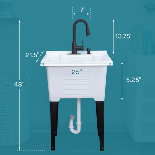 Tehila Luxe Freestanding White Utility Sink with Black Finish Low-Profile Pull-Down Faucet - Side View