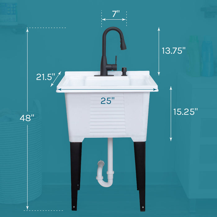 Tehila Luxe Freestanding White Utility Sink with Black Finish Low-Profile Pull-Down Faucet - Side View