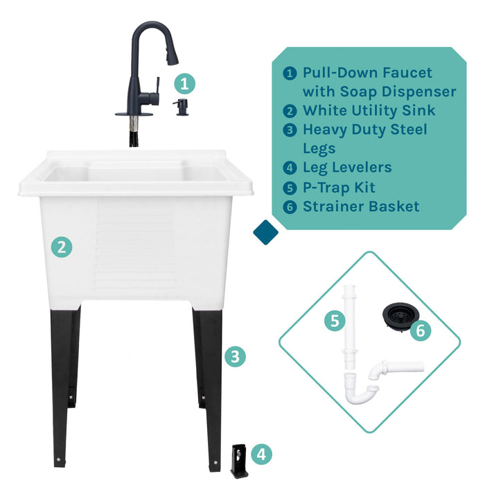 Tehila Luxe Freestanding White Utility Sink with Black Finish Low-Profile Pull-Down Faucet - View 9
