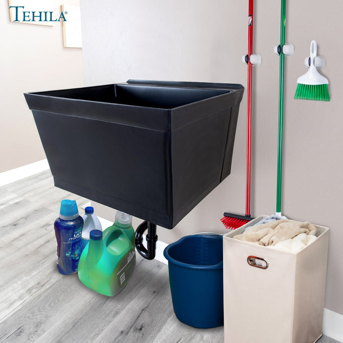 Tehila Standard Wall-Mounted Black Utility Sink, Water Supply Lines Included - Close-Up