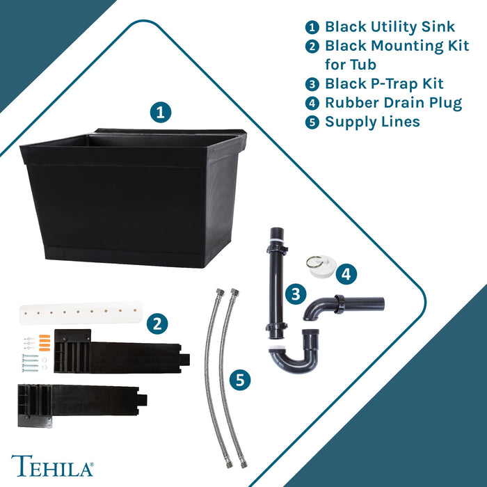 Tehila Standard Wall-Mounted Black Utility Sink, Water Supply Lines Included - View 9