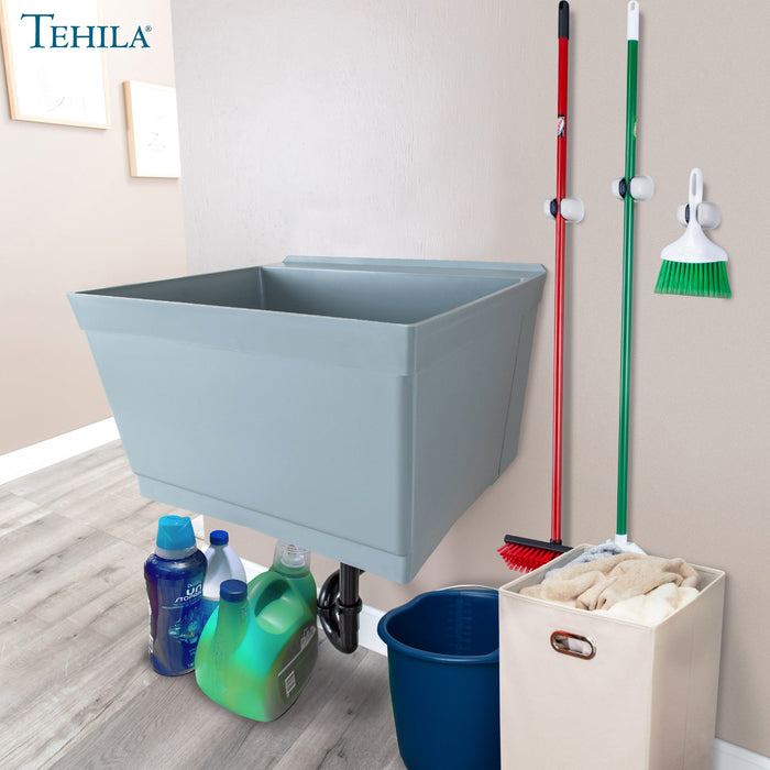 Tehila Standard Wall-Mounted Grey Utility Sink, Water Supply Lines Included - Detail View