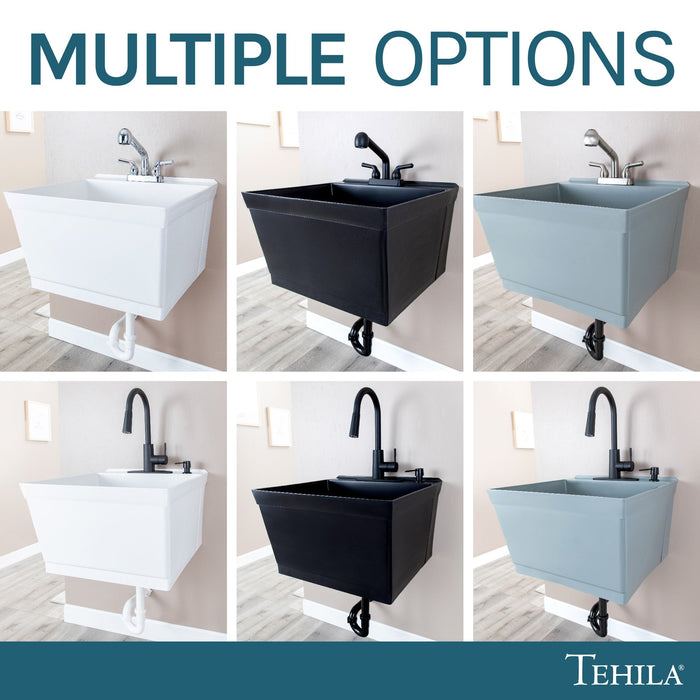 Tehila Standard Wall-Mounted Grey Utility Sink, Water Supply Lines Included - Installation View