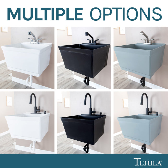 Tehila Standard Wall-Mounted White Utility Sink, Water Supply Lines Included - Installation View