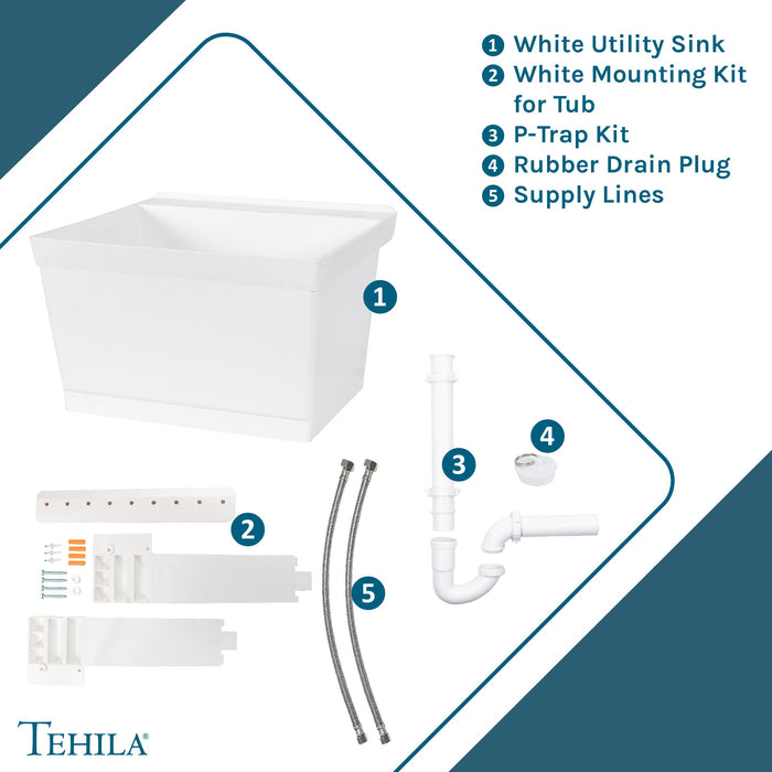 Tehila Standard Wall-Mounted White Utility Sink, Water Supply Lines Included - View 9