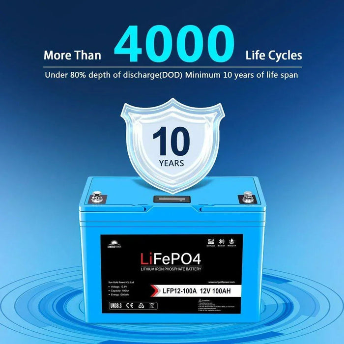 Green Vista Living Sungold Power 12V 100AH LiFePO4 Deep Cycle Lithium Battery / Bluetooth /Self-heating / IP65 - Close-Up