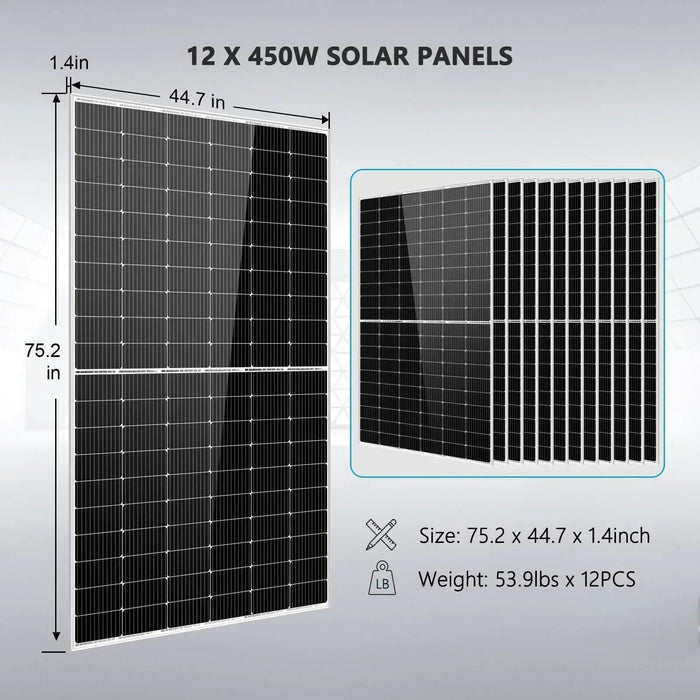 Green Vista Living Off Grid Solar Kit 10000W 48VDC 120V/240V LifePO4 20.48KWH Lithium Battery 12 X 450 Watts... - Close-Up