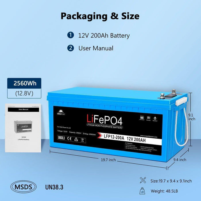 Green Vista Living Sungold Power 12V 200Ah LiFePo4 Deep Cycle Lithium Battery Bluetooth / Self-Heating / IP65 - Features