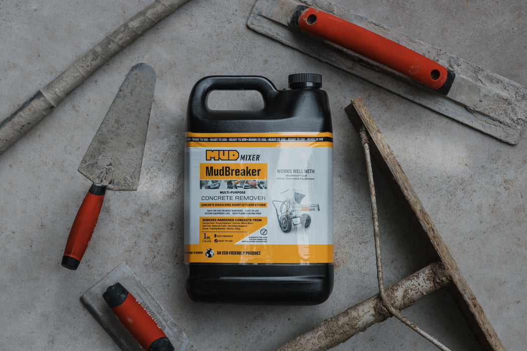 MudBreaker concrete remover gallon with trowels and masonry tools