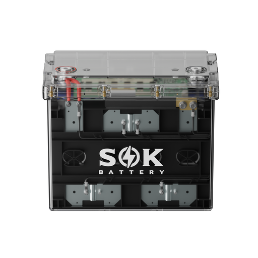 SOK SK12V100PC 12V 100Ah LiFePO4 battery — transparent Group 24 case, front view