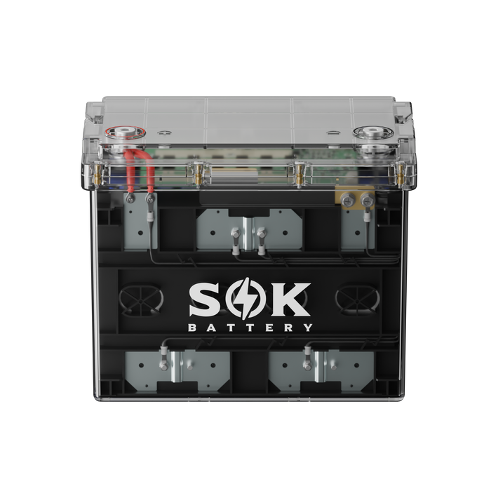 SOK SK12V100PC 12V 100Ah LiFePO4 battery — transparent Group 24 case, front view