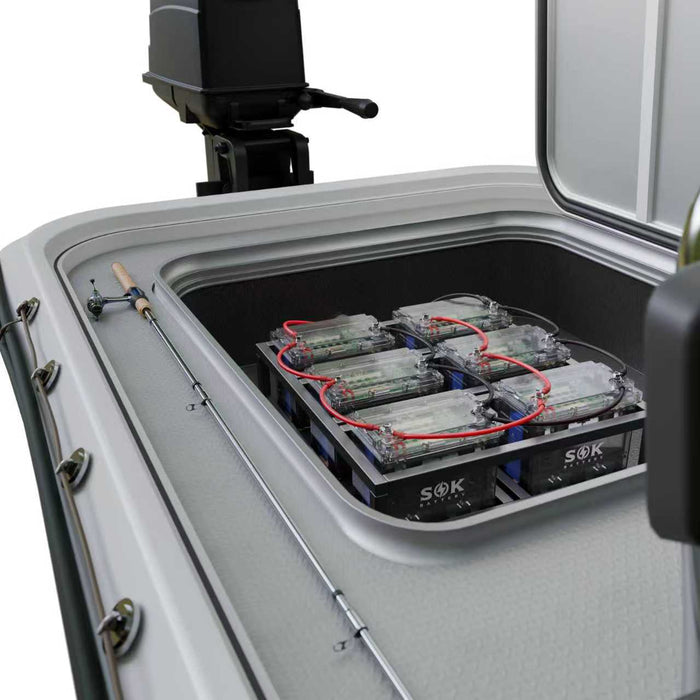 SOK SK12V100PC 12V 100Ah LiFePO4 battery — transparent Group 24 case, in-use detail