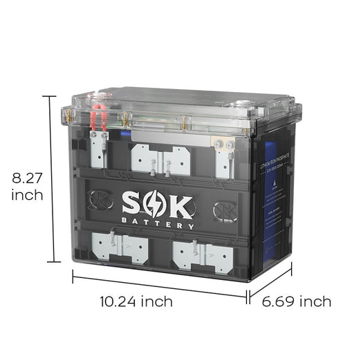 SOK SK12V100PC 12V 100Ah LiFePO4 battery — transparent Group 24 case, side view
