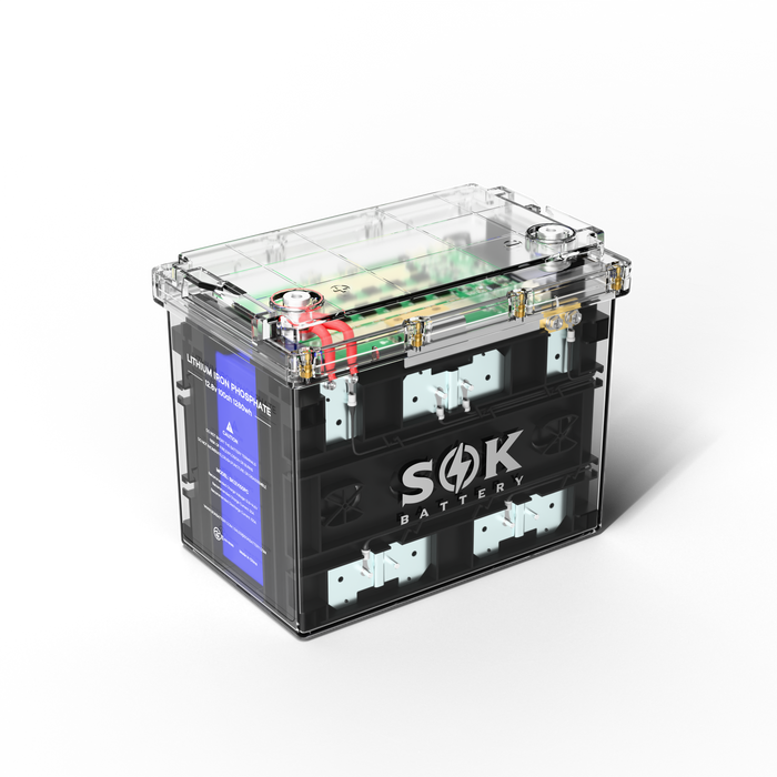 SOK SK12V100PC 12V 100Ah LiFePO4 battery — transparent Group 24 case, internal cell layout