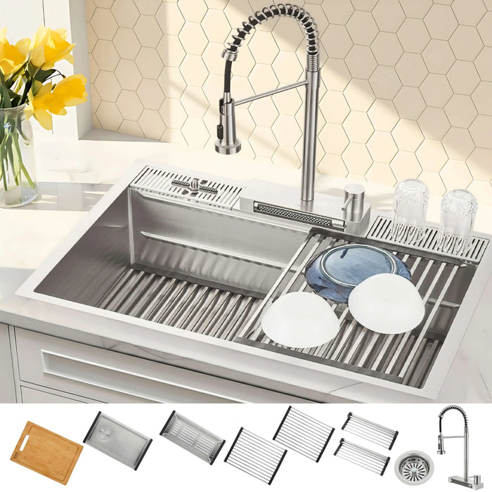 Forno Acqua 33-Inch Drop-In/Undermount 3-Level MultiSINK Workstation Sink with Waterfall Faucet & Glass... Kitchen Appliance