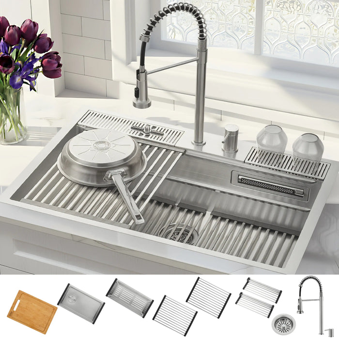 Forno Acqua 33-Inch Drop-In/Undermount 3-Level Workstation Sink with Faucet, Waterfall & Glass Rinser... Kitchen Appliance