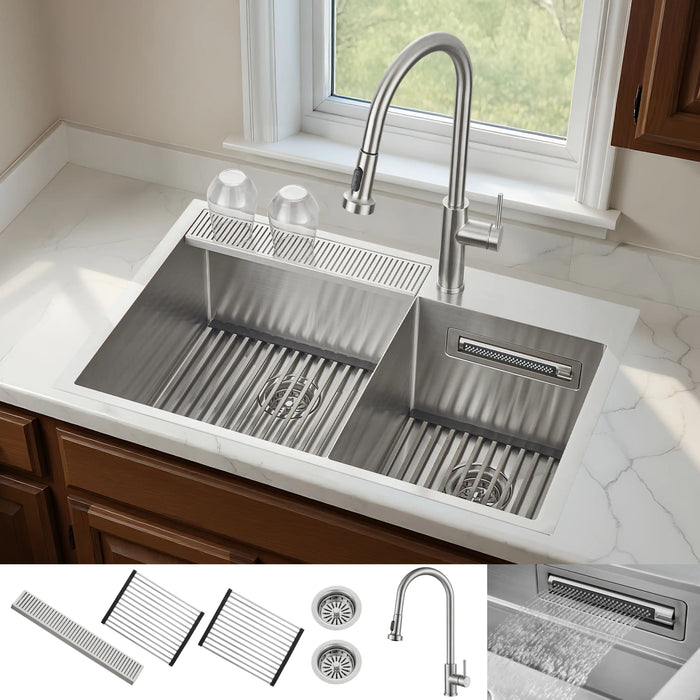 Forno Acqua 33-Inch Drop-In/Undermount 40/60 Double Bowl Sink with Retractable Faucet & Waterfall (H-ZN30) Kitchen Appliance