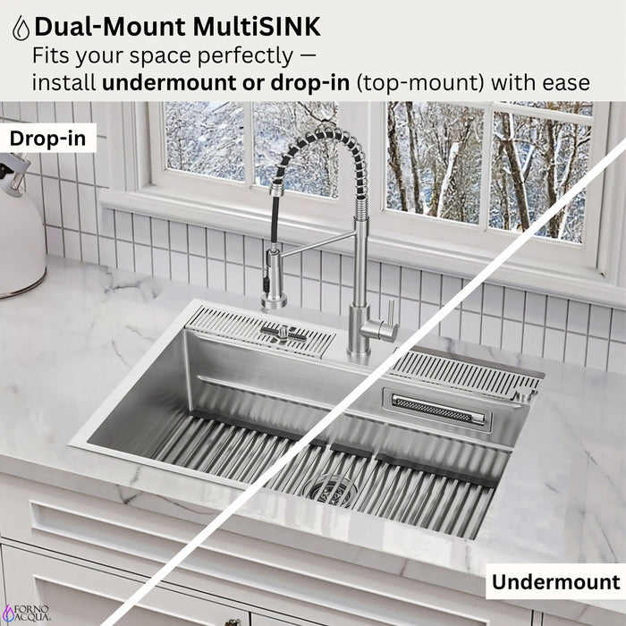 Forno Acqua 33-Inch Drop-In/Undermount 40/60 Double Bowl Stainless Steel Sink with Waterfall Faucet (H-XN30)