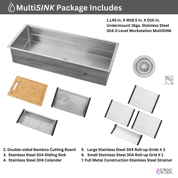 Forno Acqua 45-Inch Undermount 3-Level Workstation MultiSINK with Custom-Fit Accessories (JUXN70)