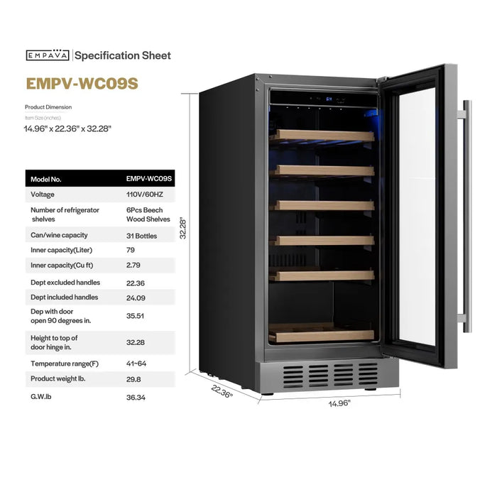 Empava EMPV-WC09S specification sheet with dimension drawing, 14.96 x 22.36 x 32.28 inches