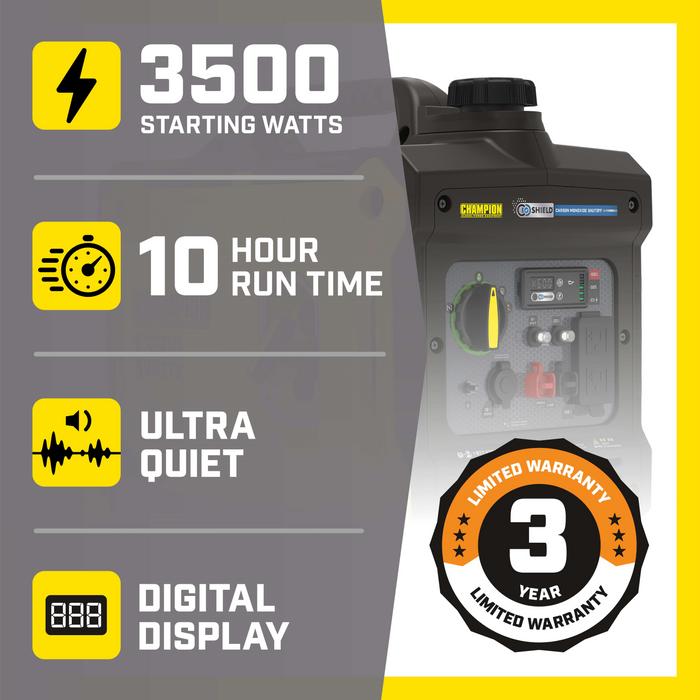 Champion 100571 2300W/3500W Generator Gas Inverter Low THD CO Shield New - Detail View