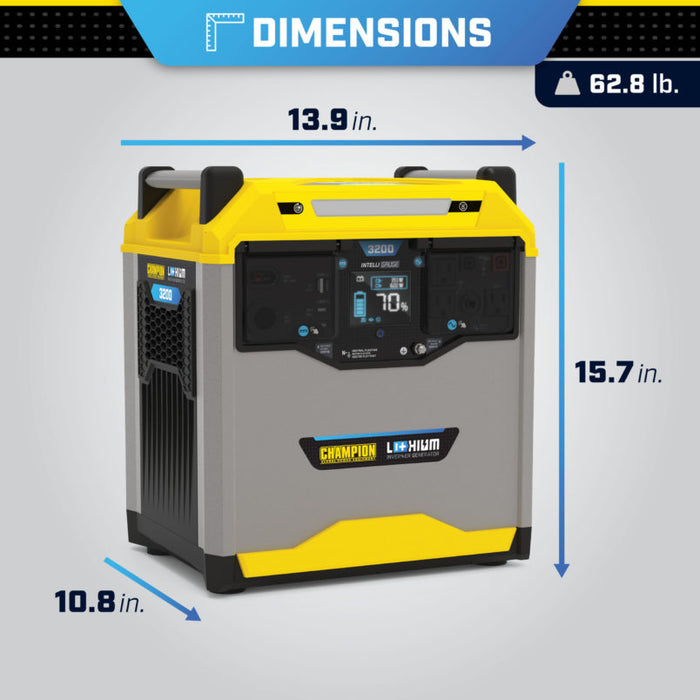Champion 100593 1600/3200 Watt Portable Lithium-Ion Battery Solar Generator New - Dimensions