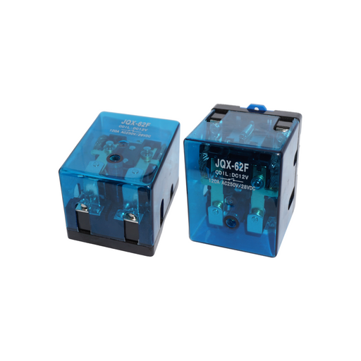 High Power Relay - 12VDC Coil - 120A 28VDC / 250VAC - High Power DC 12Vdc Relay for solar, shown from both front and rear in clear-blue enclosure