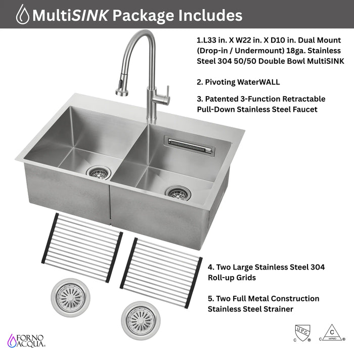 Forno Acqua 33-Inch Drop-In/Undermount 50/50 Double Bowl Stainless Steel Sink with Faucet & Waterfall (G-ZN30)