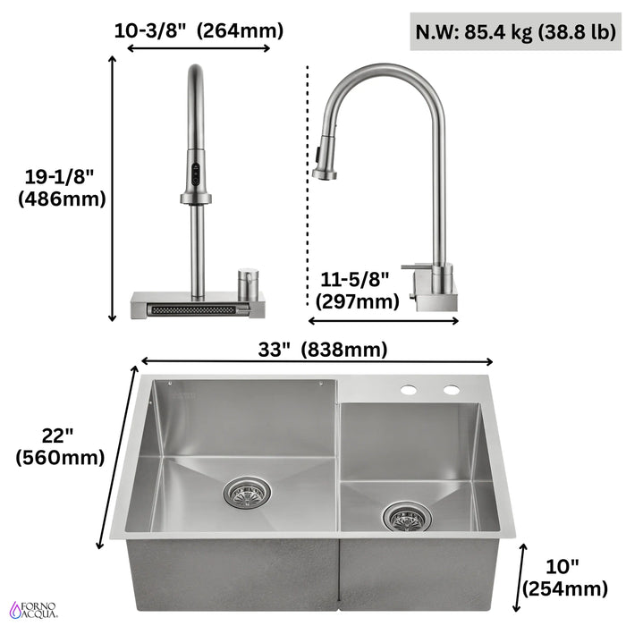 Forno Acqua 33-Inch Drop-In/Undermount 40/60 Double Bowl Stainless Steel Sink with Waterfall Faucet (H-XN30)