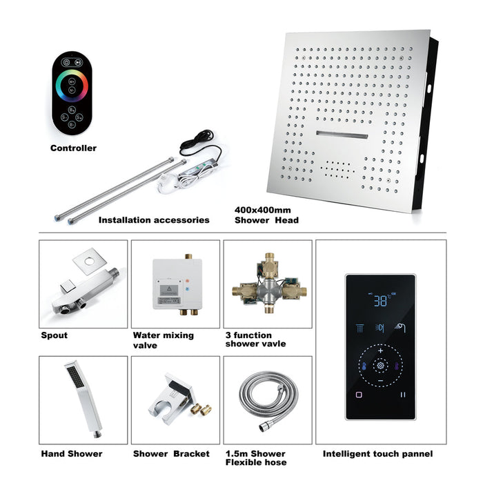 16" LED Chrome/Matte Black/Brushed Gold/Nickel Shower Head with 3-Way Thermostatic Valve, LED Display, 6 Body Jets - interior view