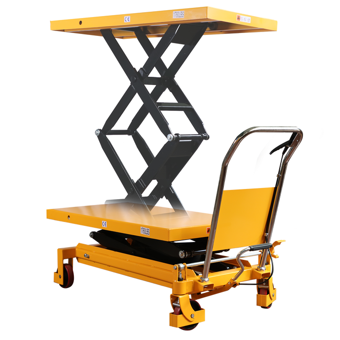Xilin SPS800 hydraulic lift table fork and load detail