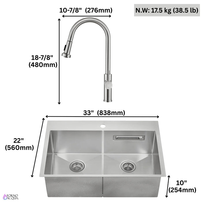 Forno Acqua 33-Inch Drop-In/Undermount 50/50 Double Bowl Stainless Steel Sink with Faucet & Waterfall (G-ZN30)