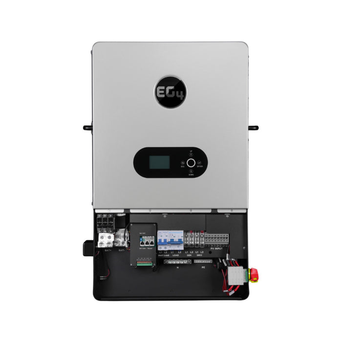 EG4 - 12000XP Off-Grid Inverter - V2 - USA Built - EG4 12000XP off-grid inverter with front cover open, showing internal wiring terminals, breakers, and connection ports.