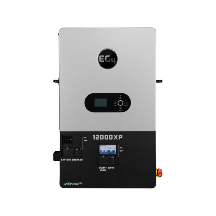EG4 - 12000XP Off-Grid Inverter - V2 - USA Built - EG4 12000XP off-grid inverter with front display, breakers, and smart load panel.