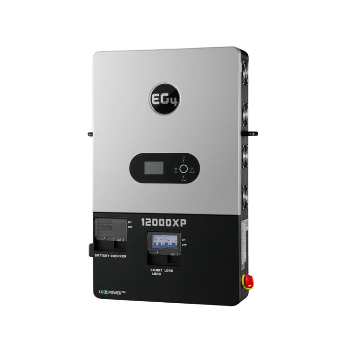 EG4 - 12000XP Off-Grid Inverter - V2 - USA Built - Right tilt EG4 12000XP off-grid inverter with integrated breakers and LCD display.