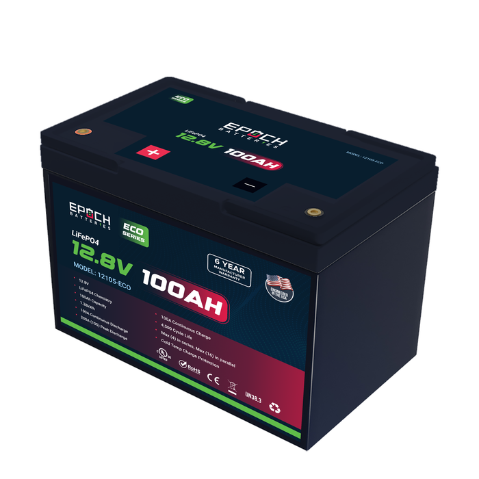 Epoch 12V 100Ah Eco Series LiFePO4 battery — front view