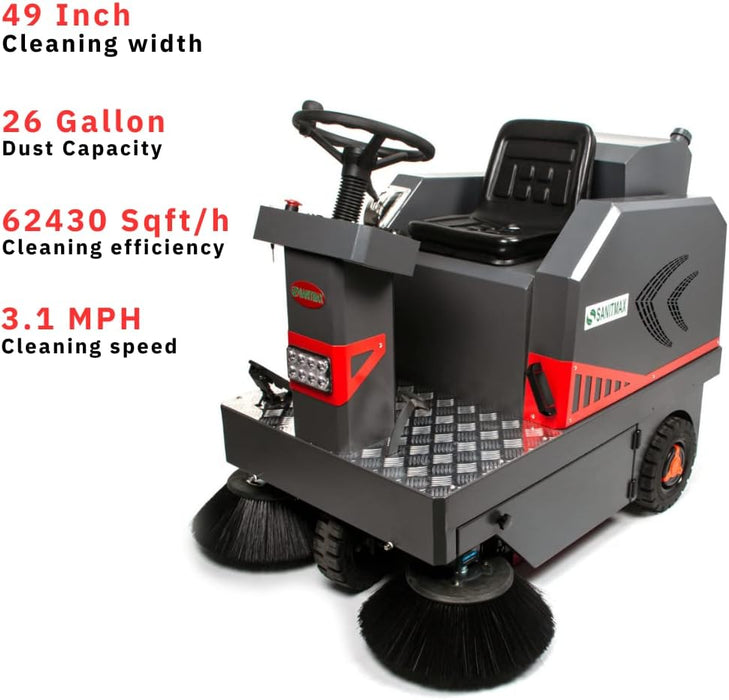 SANITMAX SM1250 49" Ride-on Industrial Floor Sweeper, 26 Gal Dustbin, 69000 Sqft/h Efficiency - Side View