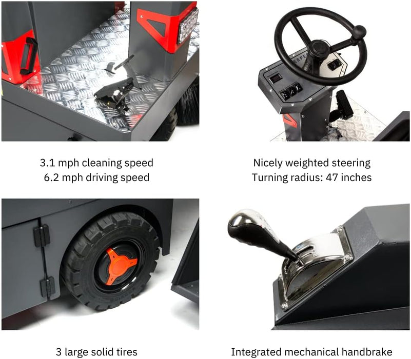 SANITMAX SM1250 49" Ride-on Industrial Floor Sweeper, 26 Gal Dustbin, 69000 Sqft/h Efficiency - Detail View