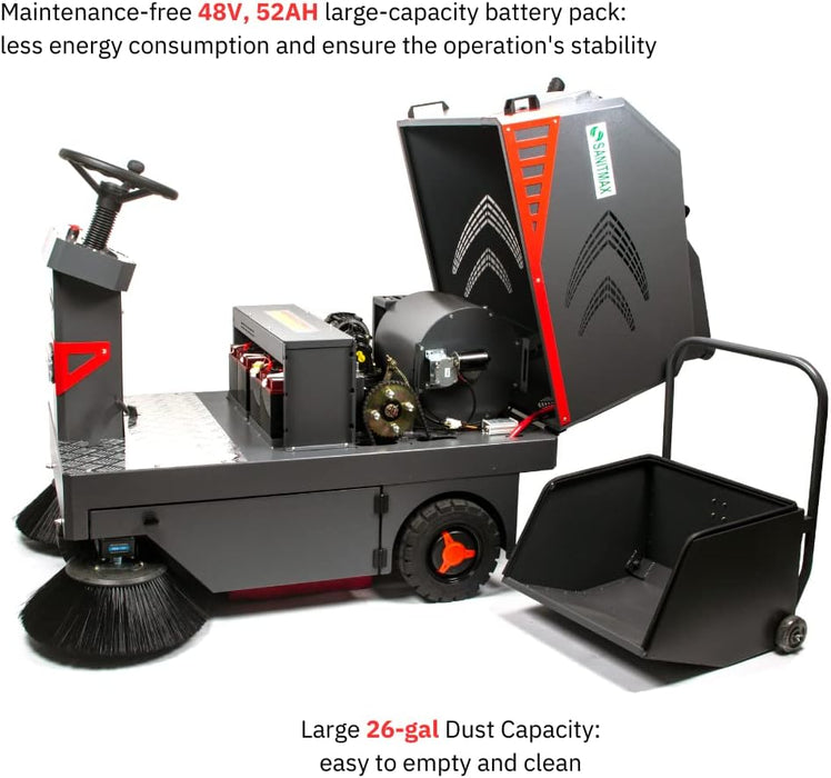 SANITMAX SM1250 49" Ride-on Industrial Floor Sweeper, 26 Gal Dustbin, 69000 Sqft/h Efficiency - Close-Up