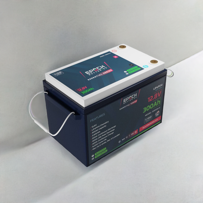 Epoch 12V 300Ah Essential Series LiFePO4 battery — feature callouts
