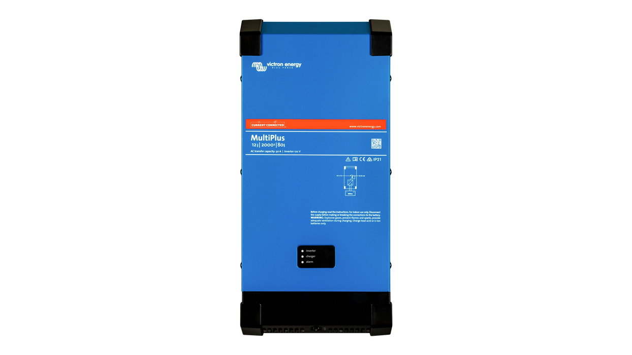 Victron Energy 12V MultiPlus 2kVA 120V Inverter 80A Charger. This is a Front view display of the inverter by Victron Energy with no background.