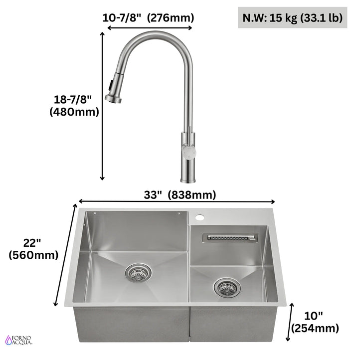 Forno Acqua 33-Inch Drop-In/Undermount 40/60 Double Bowl Sink with Retractable Faucet &... Kitchen Appliance - View 14