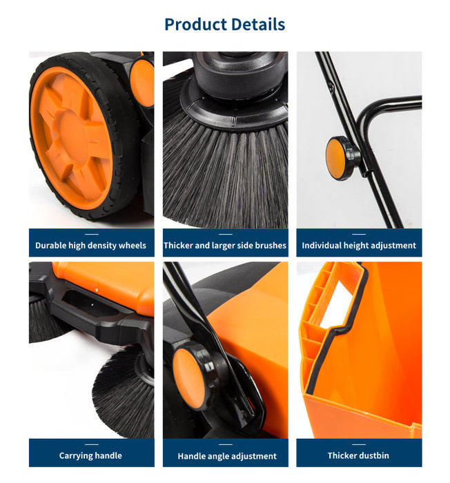 SANITMAX SM650 27.5" Manual Push Powered Floor Sweeper, Triple Brushes, Indoor and Outdoor - Features