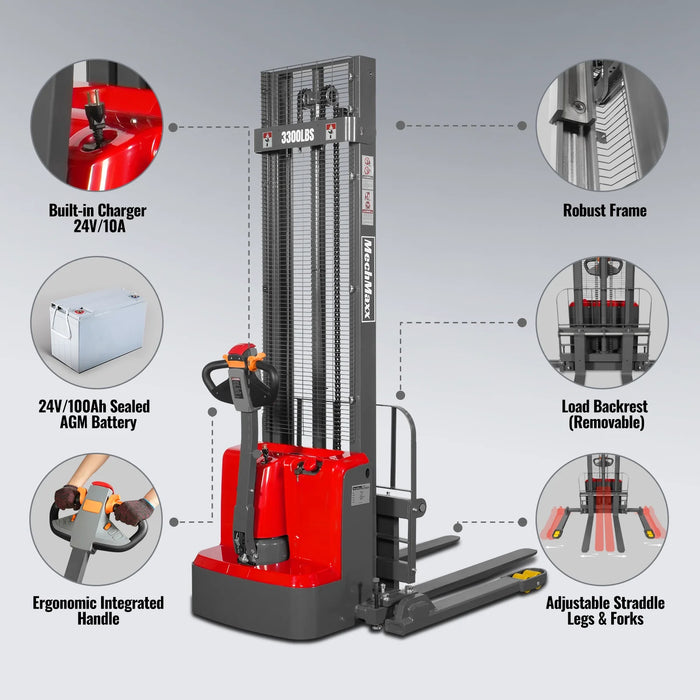 3300lbs Electric Straddle Stacker,  138" Lift,  Adjustable Legs & Fork — view 6