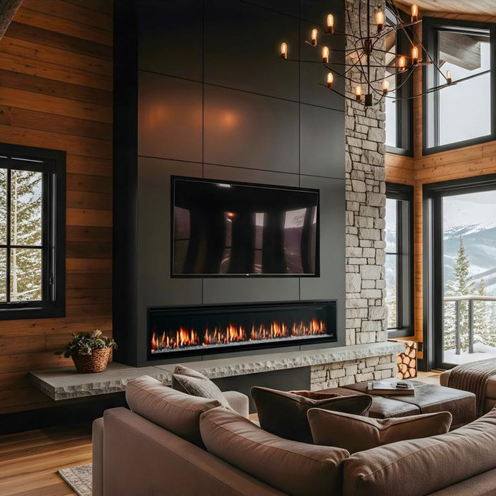 SimpliFire Allusion Edge electric fireplace in a cabin setting with chromatic flames (100" shown)