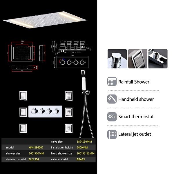 Cascada Showers 14"x20" Recessed White LED Shower System With 3-Way Thermostatic Valve - Detail View 3