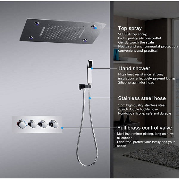 Cascada Showers 14"x20" LED Shower System With 3-Way Thermostatic Valve (4 knobs) - Product Image 10